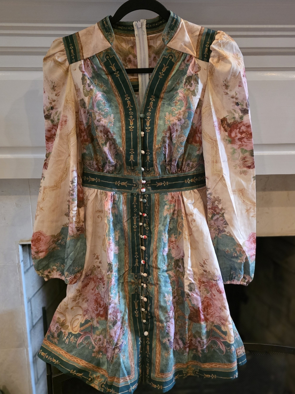 Green-Trim Floral Mini Dress with Button-Front Detail